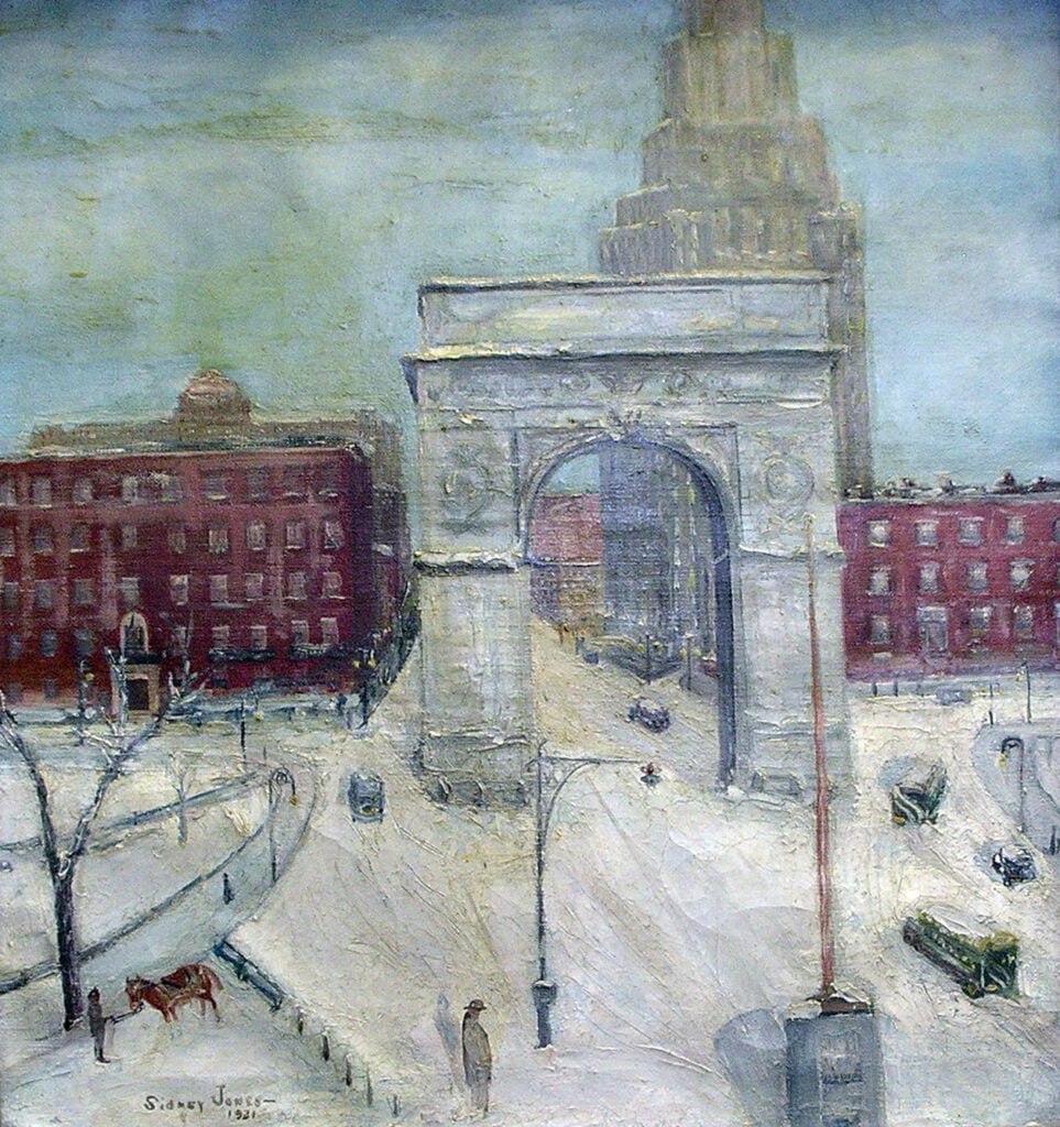a painting of a snowy city with a clock tower.