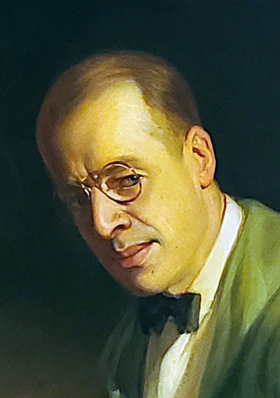 a painting of a man with glasses and a bow tie.