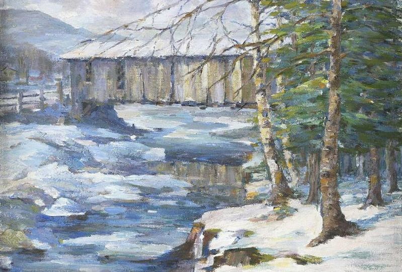 a painting of a bridge over a river.