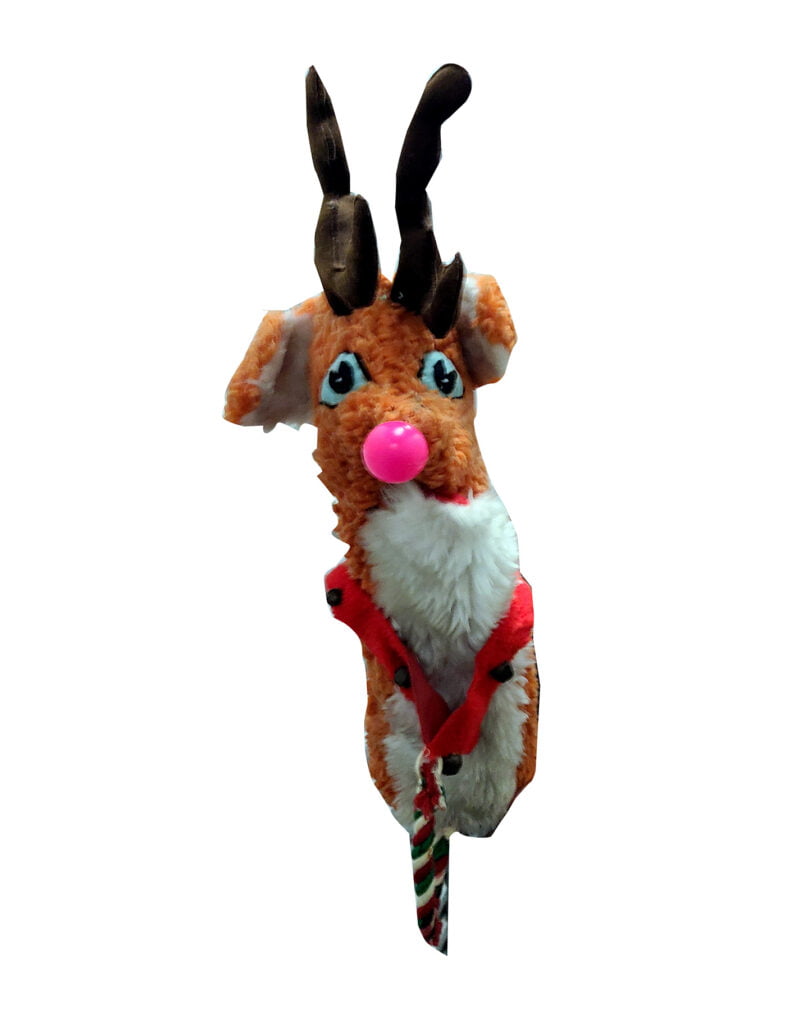 a christmas decoration of a reindeer hanging from a rope.