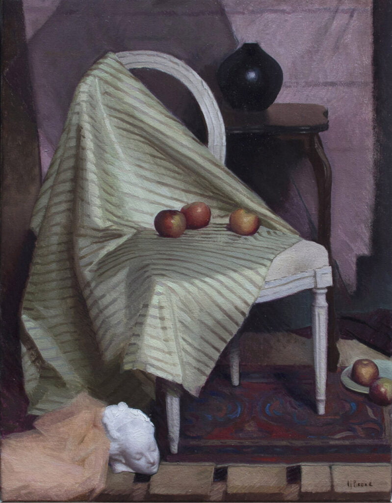 a painting of a chair with a blanket on it.