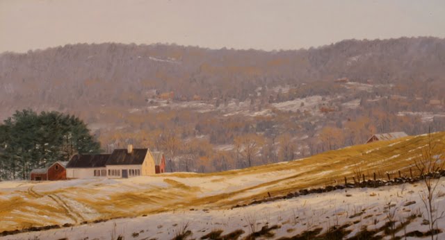 a painting of a snowy landscape with a house in the distance.