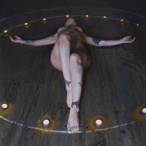 a woman laying on the floor with candles around her.