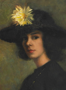 a painting of a woman wearing a hat with a flower on it.