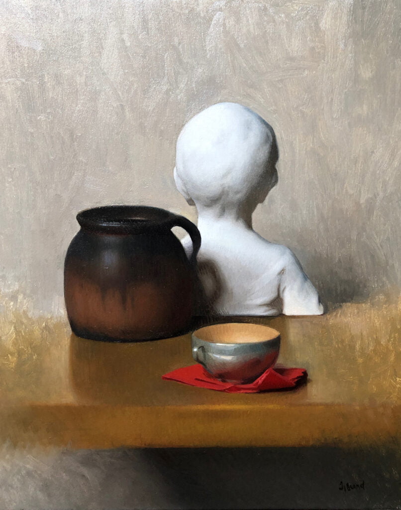 a painting of a vase and a bowl on a table.