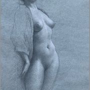 A nude woman tilting back. She has a robe draped over her shoulders and back.