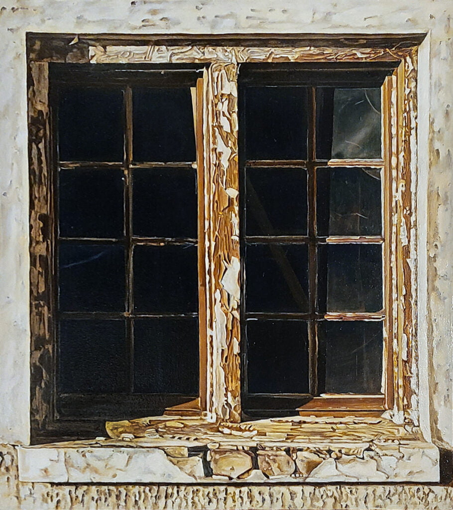 a painting of a window in a white wall.