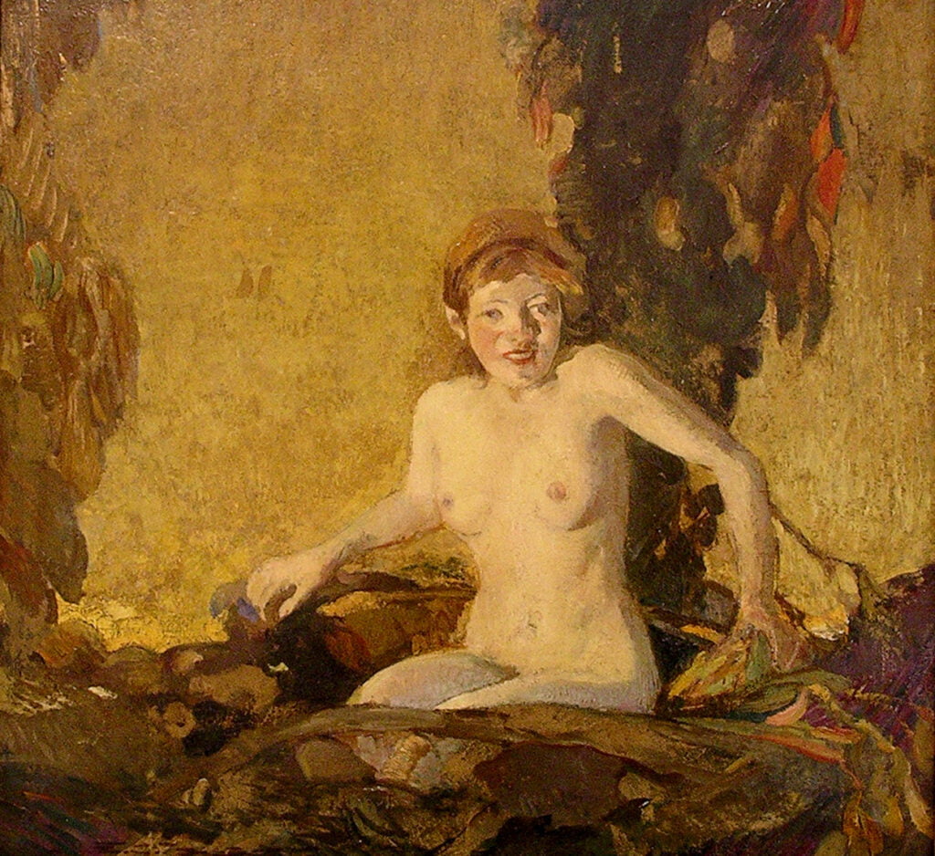 a painting of a naked man sitting on a bed.