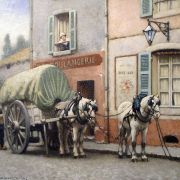 a painting of a horse drawn carriage in front of a building.