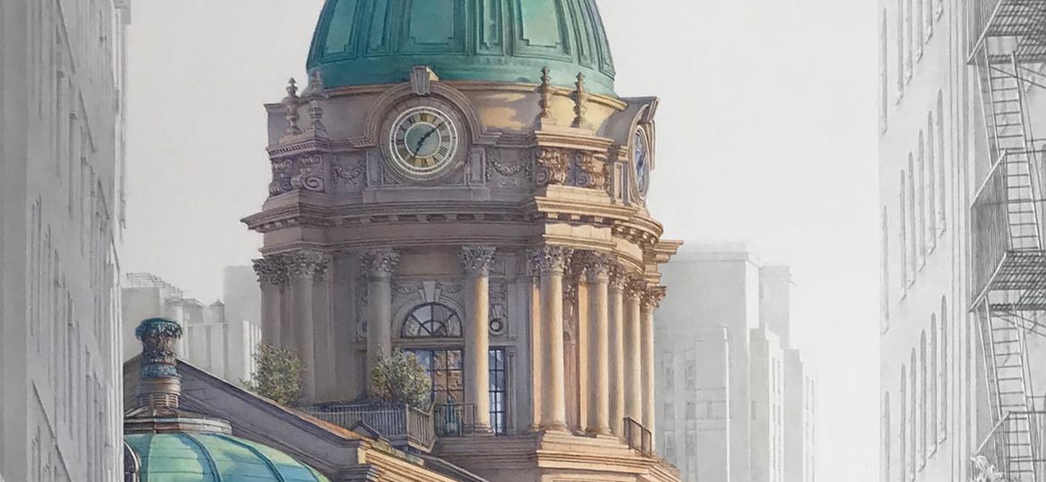 a drawing of a building with a clock on it.