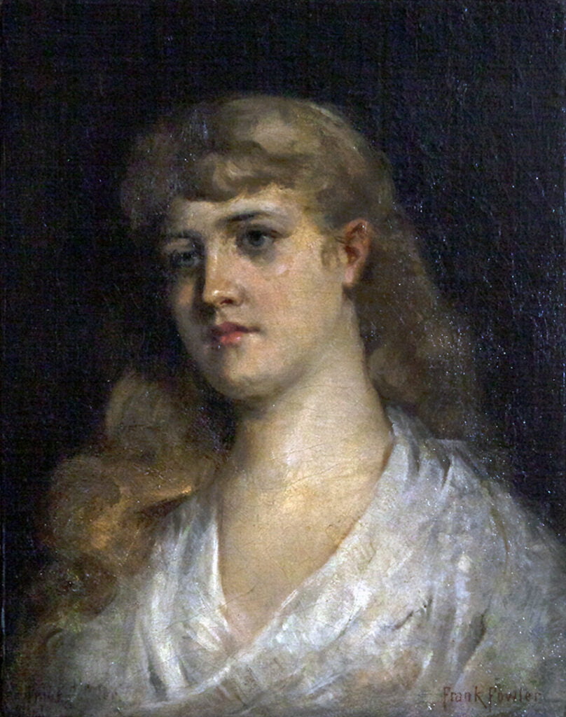 a painting of a woman in a white dress.