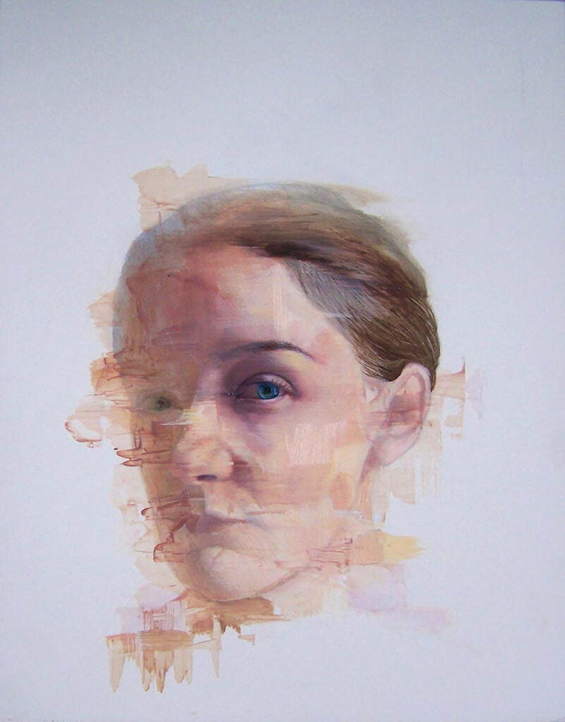 a painting of a woman's face is shown.