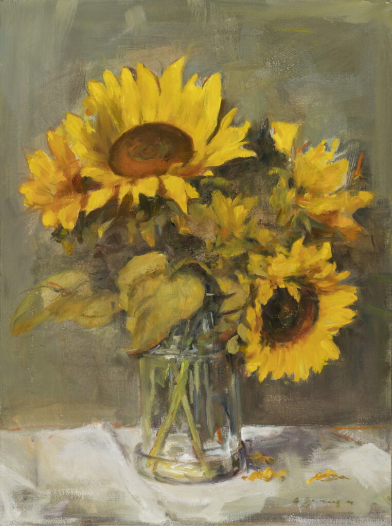 a painting of sunflowers in a glass vase.