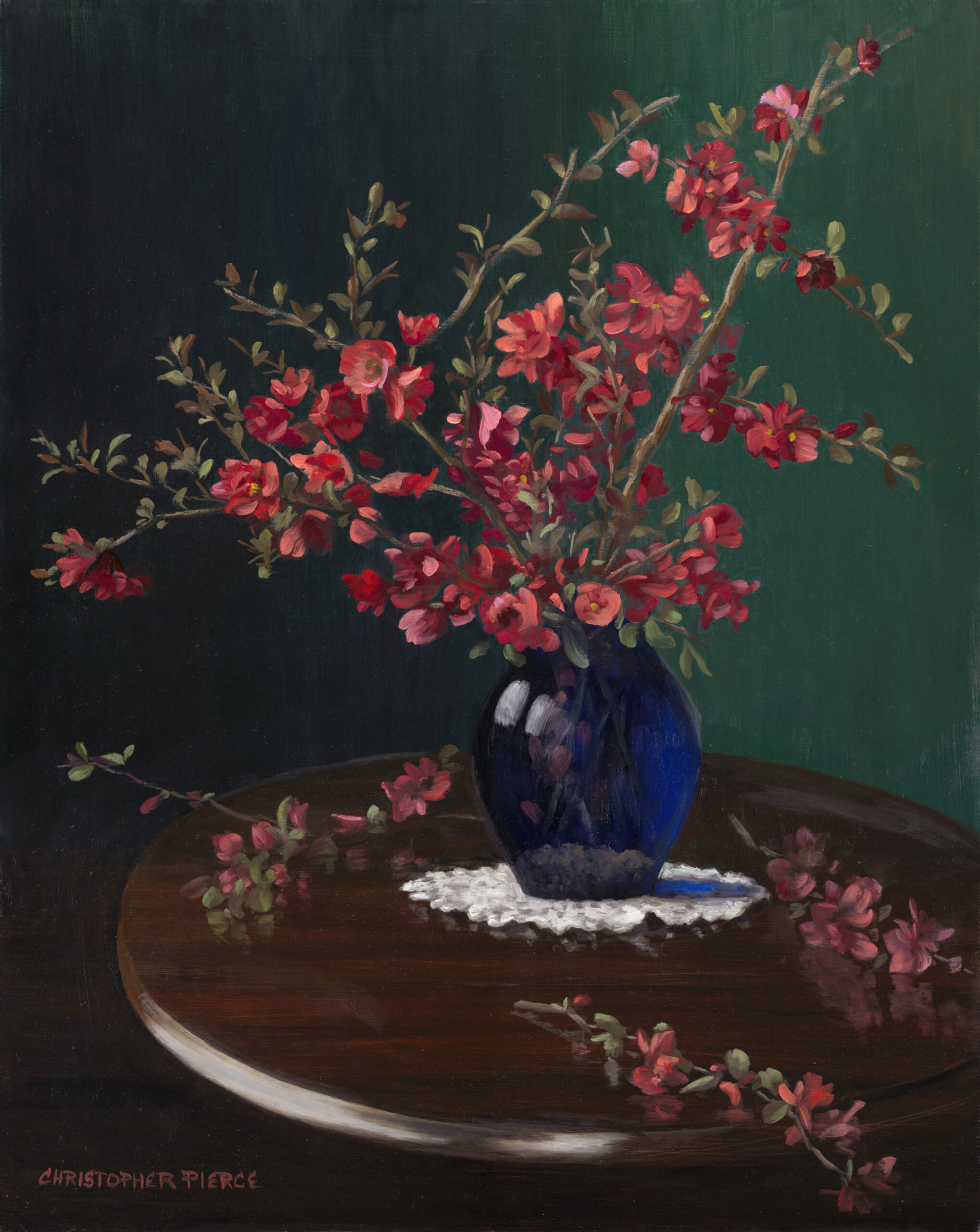 a painting of red flowers in a blue vase.