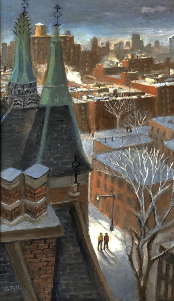 a painting of two people standing on top of a building.