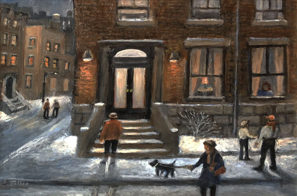 a painting of people walking their dogs in the snow.