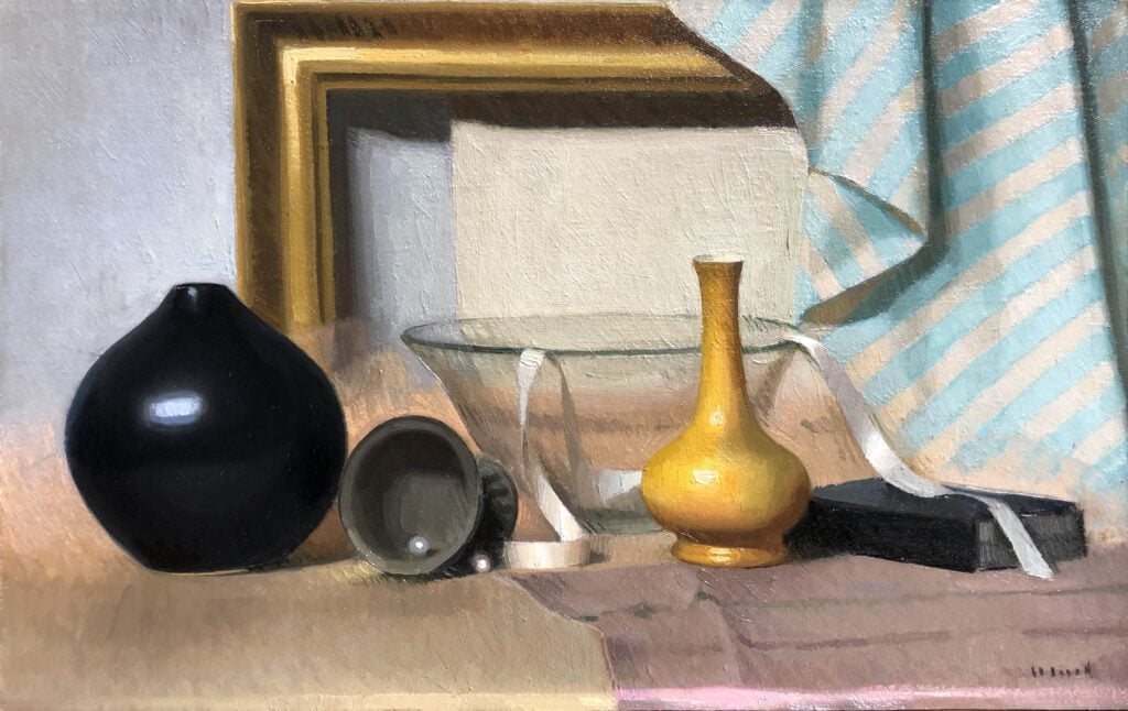 a painting of a vase and other items on a table.