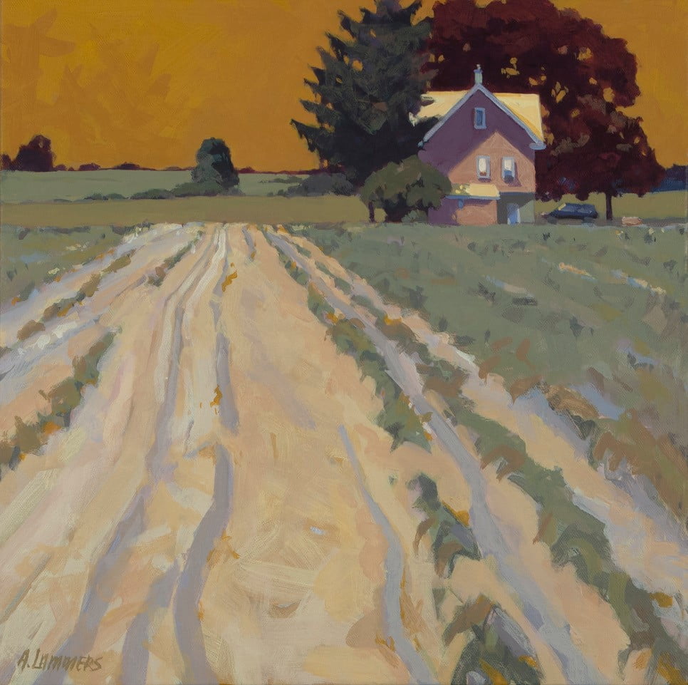 a painting of a dirt road in front of a house.