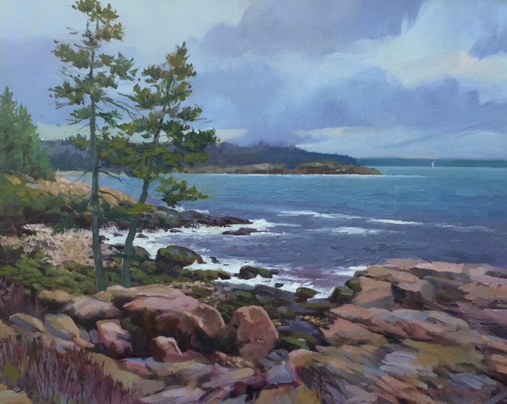 a painting of a rocky shore with a sailboat in the distance.