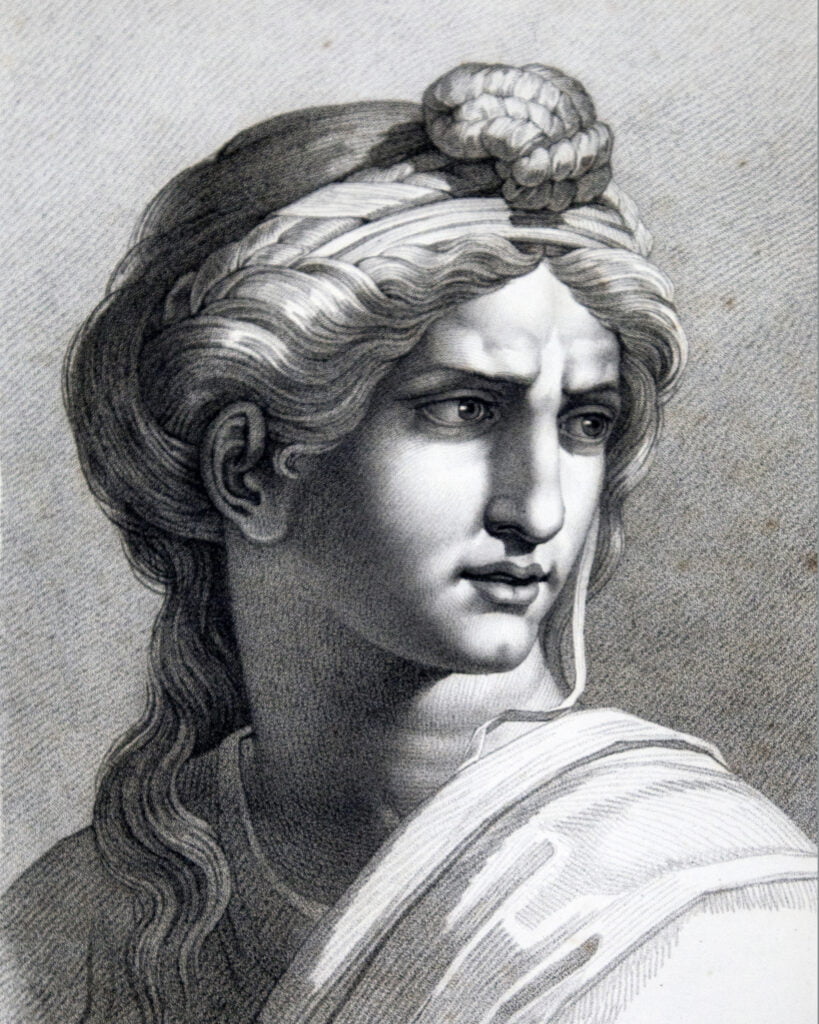 a drawing of a woman with a flower in her hair.