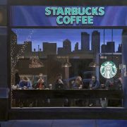 A painting of people sitting at Jaron Tepper [SCH RA 2019]: Starbucks coffee, 2021.
