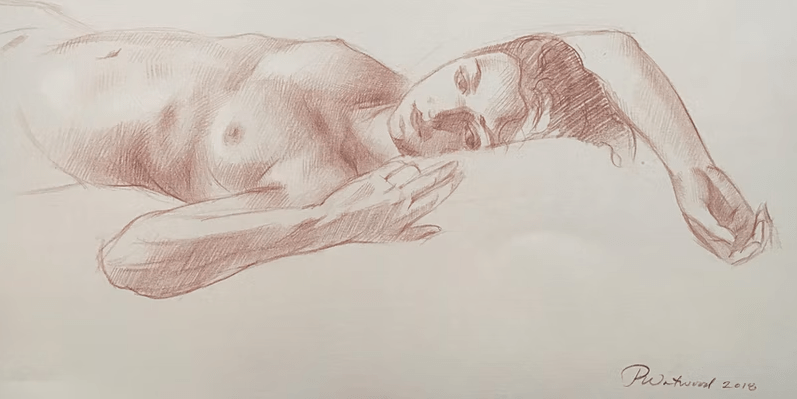 a drawing of a nude woman laying down.