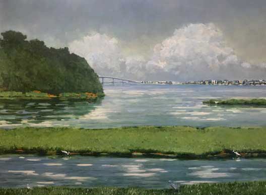 a painting of a body of water with a bridge in the background.