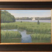 a painting of a sailboat on a lake.