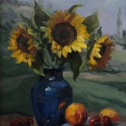 A Gaile Snow Gibbs [NM] painting of "Sunflowers for pissaro II" in a blue vase.