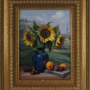 a painting of sunflowers in a blue vase.