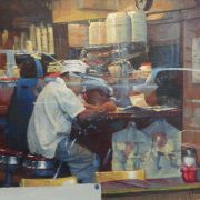 A painting of Michael Budden[NRA 1999]: Transparnecy & reflections, a NYC diner, 2021.