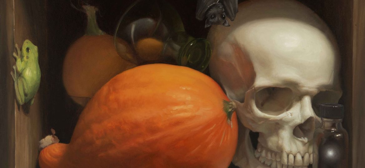 Painting of a shelf containing pumpkins, a skull, and a hanging bat