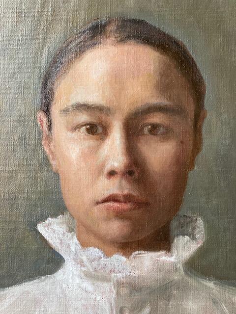 a painting of a woman in a white shirt.