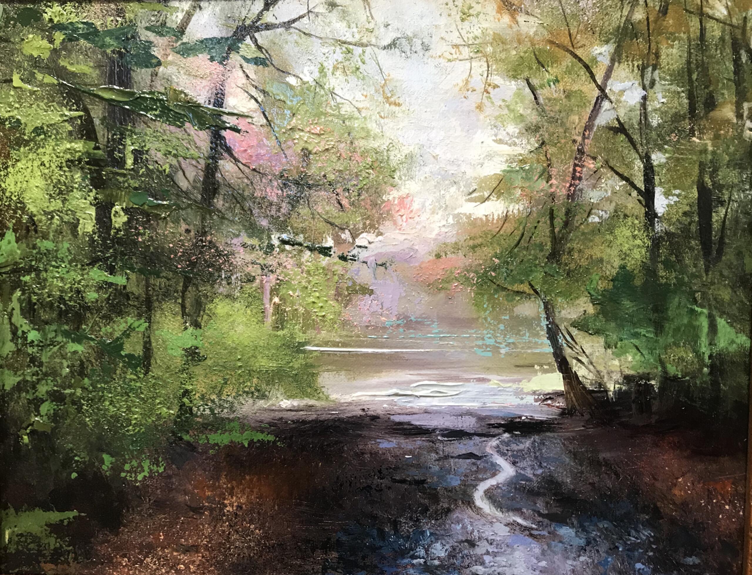 a painting of a river running through a forest.