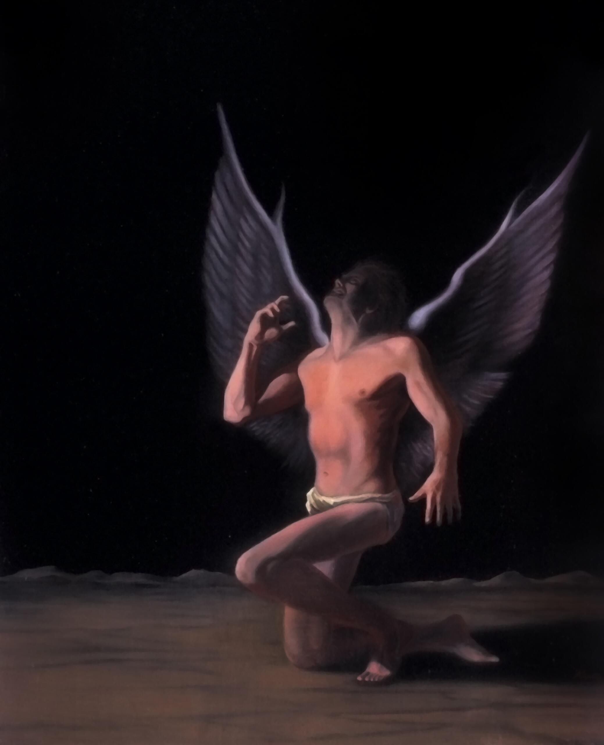 In the dark, a man with spread white wings, clothed only in fabric around his lap, kneels on the ground, his arms tensed, and his face pointed up un a distressed expression.