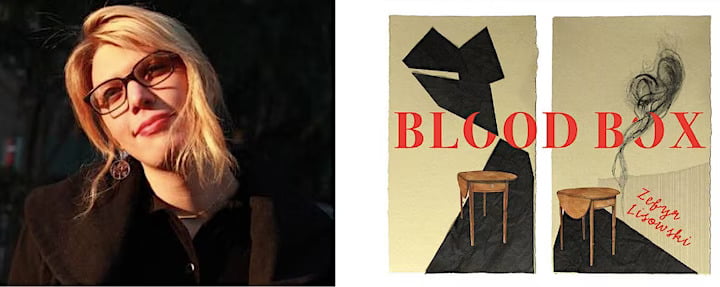 Picture of Zefyr Lisowski next to picture of the cover of "Blood Box" by Zefyr Lisowski