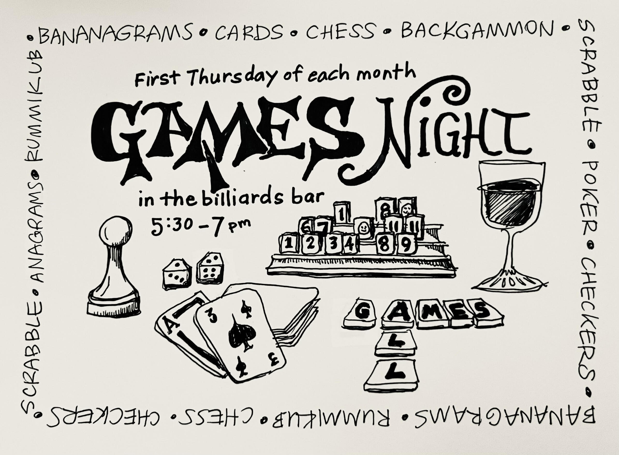 A line drawing of various tabletop games such as chess, cards, and scrabble with a glass of wine. GAMES is hand-lettered in a bold type while NIGHT is written elegantly with a curling N.