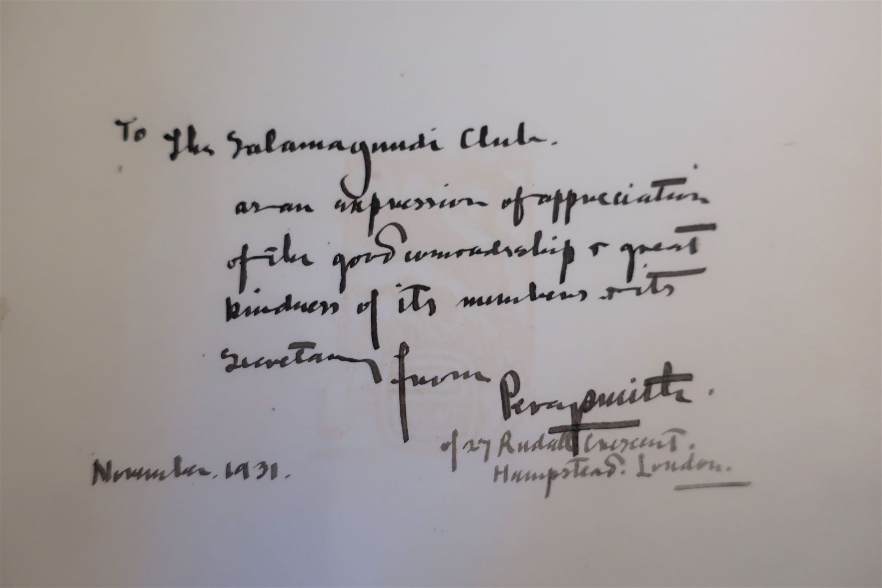Handwriting, addressed to the Salmagundi Club by Percy Smith.