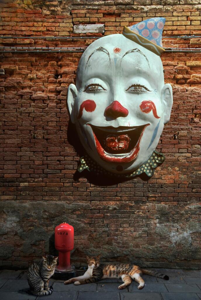 A digital photographic piece; the relief of a large clown face hangs on a brick wall. Underneath it is a pair of lounging cats.