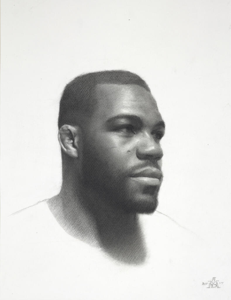 A three-quarters view of a black man with a beard, done in graphite.