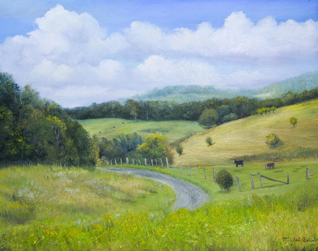 A painting of a field being grazed on by cattle. The horizon is lined by clouds under a blue sky. A white fence separates a path from the grazing cattle.