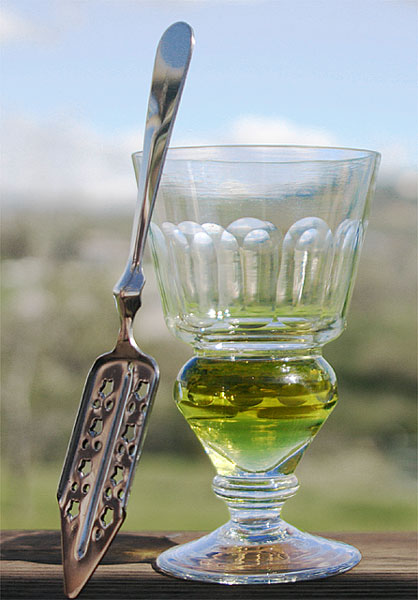 On a windowsill, an elaborately-ornamented stirrer leaning against it is a glass with cylindrical shape under the shape of the top half of a water glass.