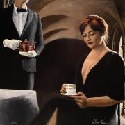 In an arched structure, a woman in a black gown holds a cup of coffee, a waiter in a suit, bow tie, and white gloves stands behind her with a teapot.