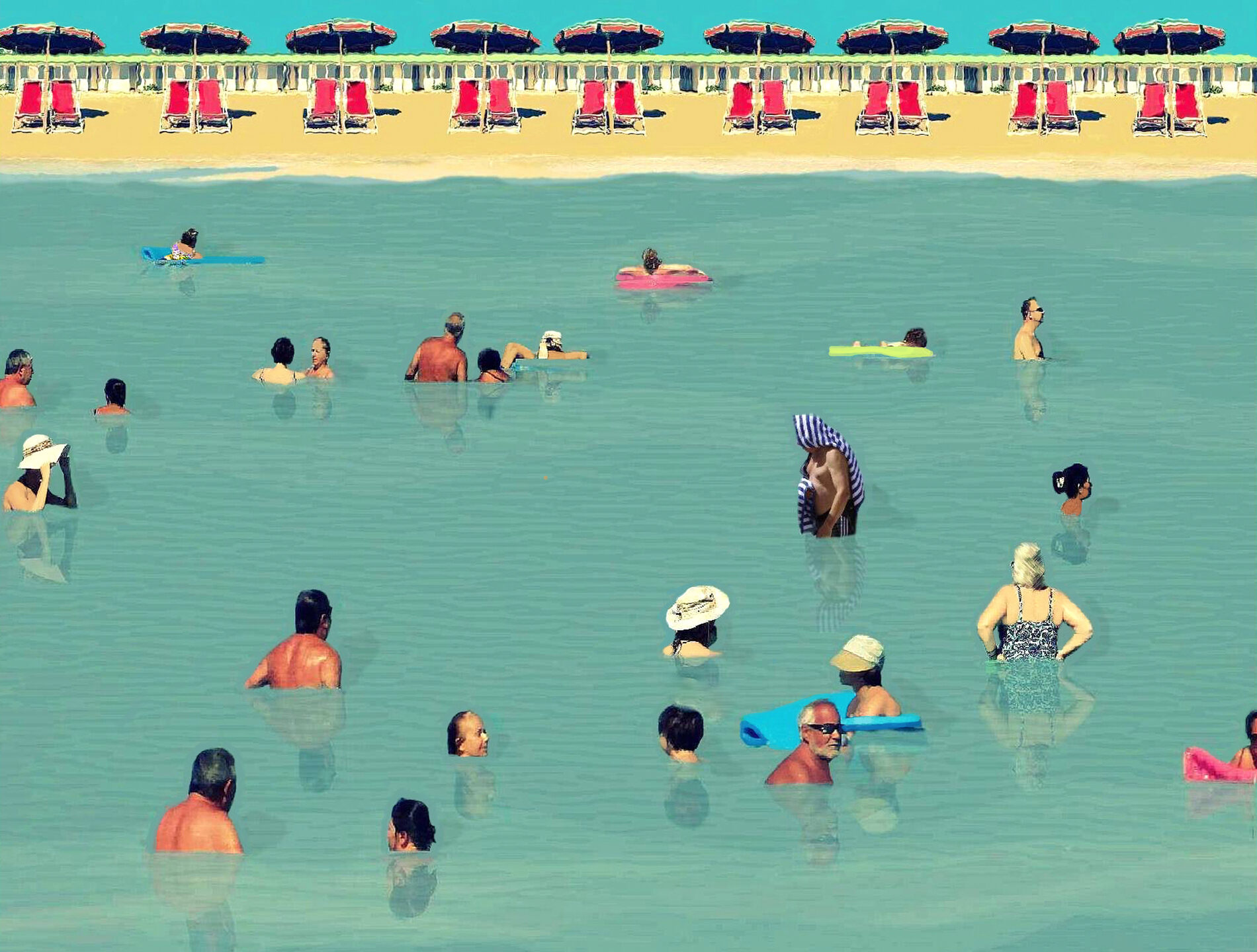 Collage of many people in the ocean at a beach, matching chairs and umbrellas lining the shore.
