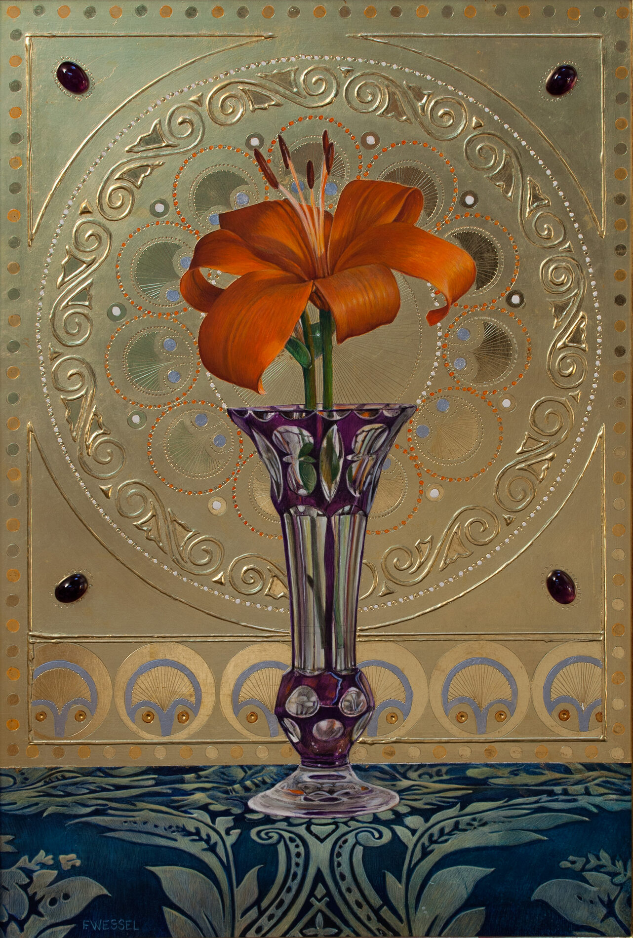 In front of a gold background with circular designs is a purple and silver vase on a blue, patterned table cloth holding a large, red flower.