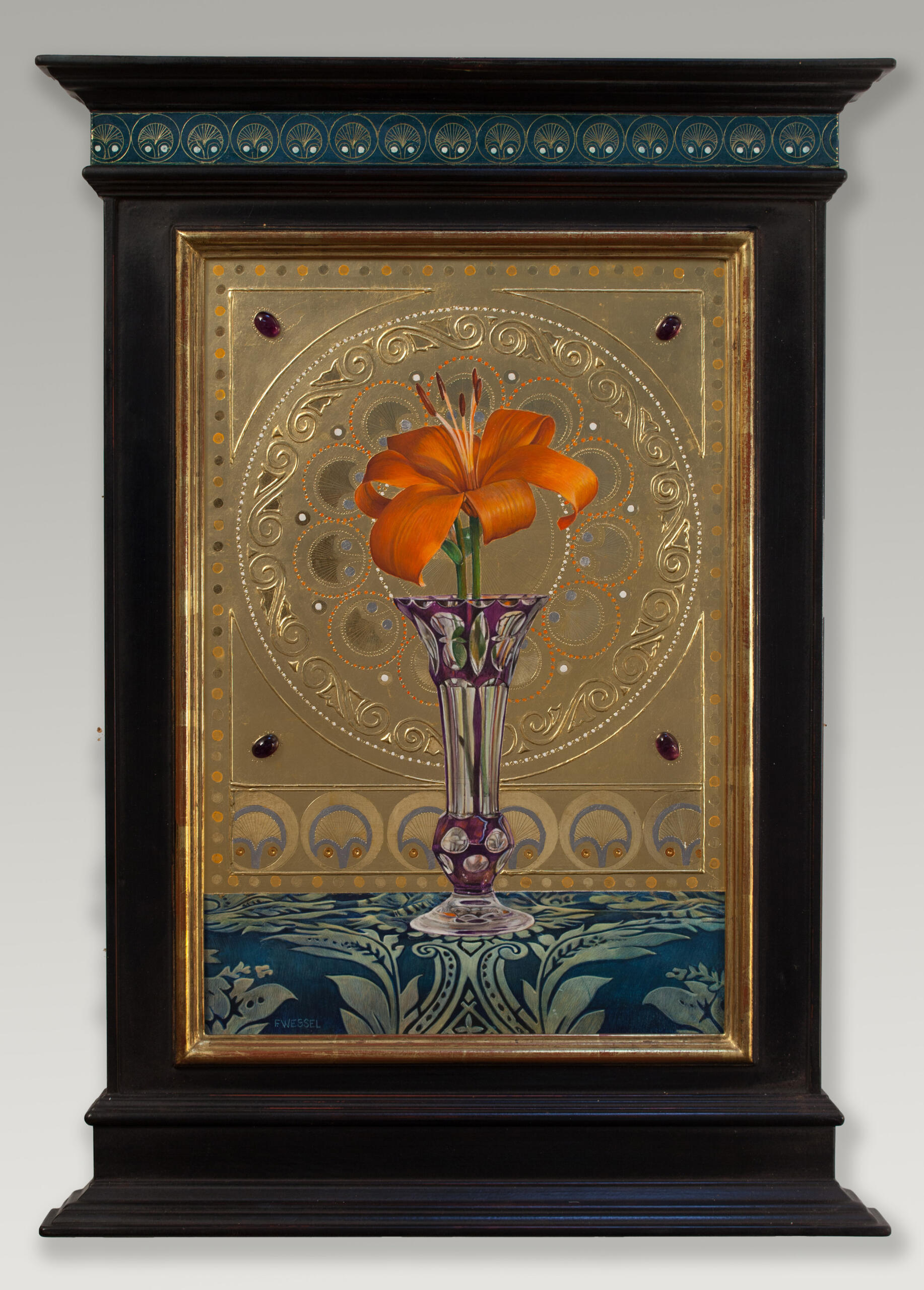 "Orange Lily (Purple Vase)"in a grandfather clock-shaped wooden frame with a horizontal golden patterned stripe near the top.
