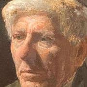 A painting of an older gentleman's portrait; he looks off with a vacant expression, with a hair full of white hair in warm lighting.