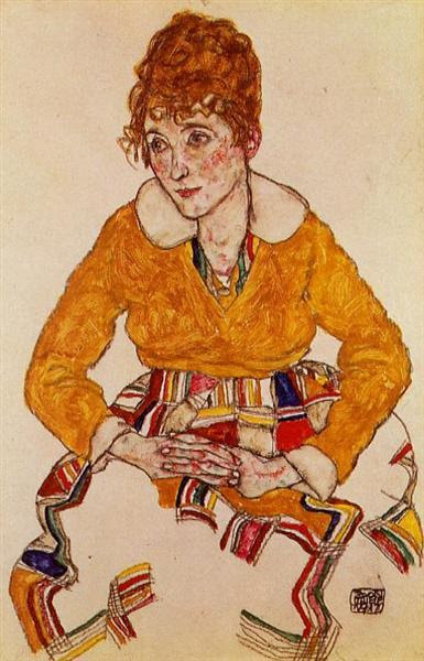 Drawing of a burgundy-haired woman with blank spots on her quilt.