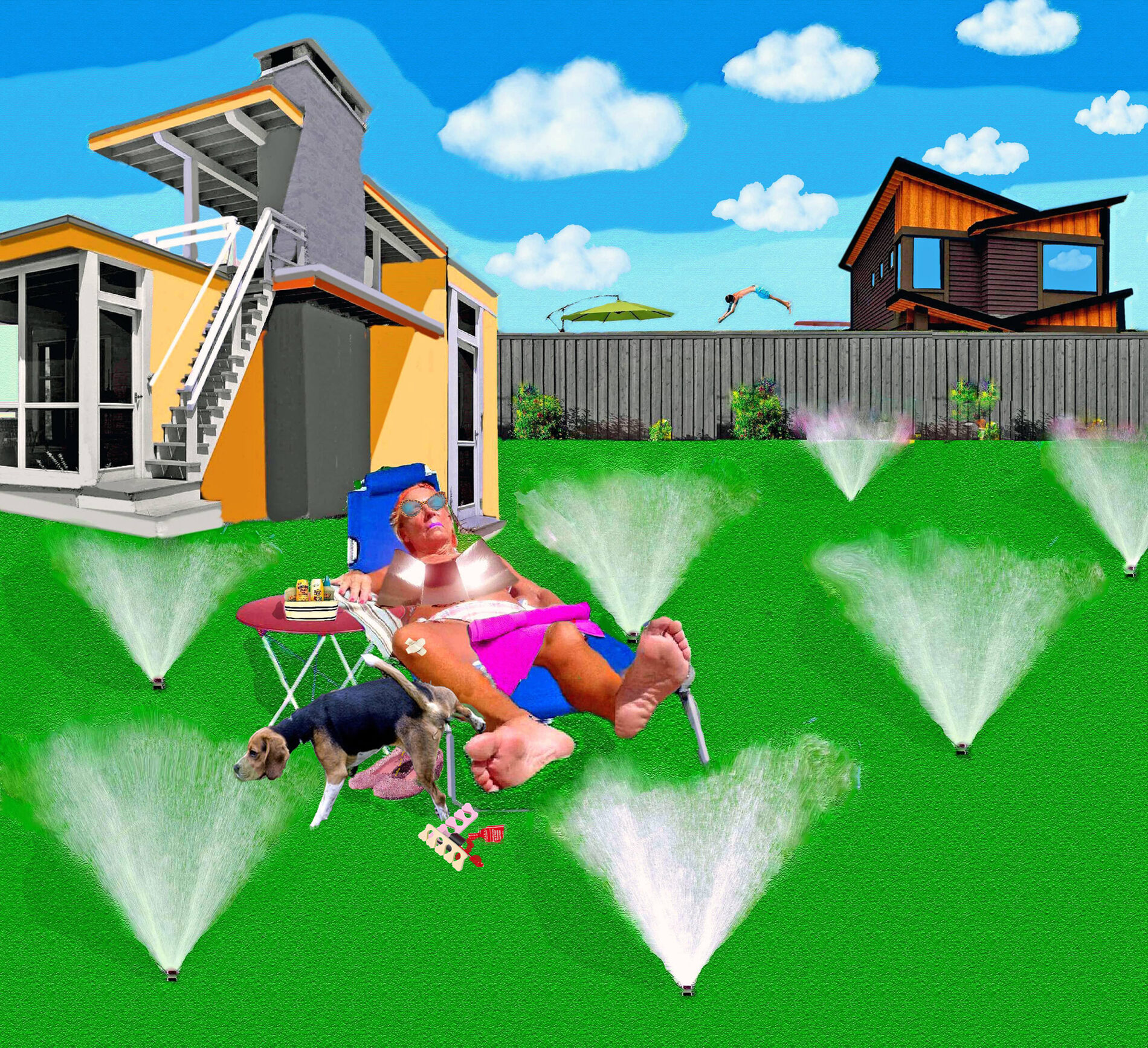 In a green yard, a middle-aged woman reclines in a chair in her bathing suit in front of a house, a pamphlet over her chest, nail polish and toe separators at her feet, over which the dog appears to be peeing. Many sprinklers are going off, and in the next yard over a person is diving off a diving board.