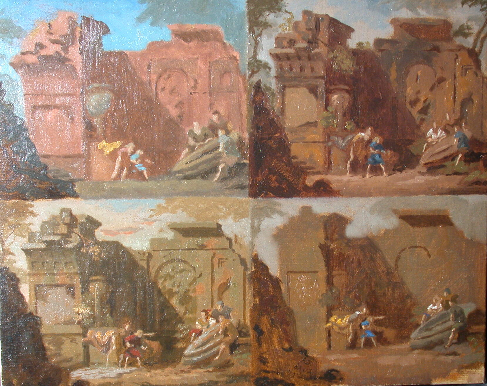 A grid of four depictions of the same scene with slightly different coloring. Outside a sculpted wall, two people hunch over, looking toward three people at a stone disk. In a black frame.